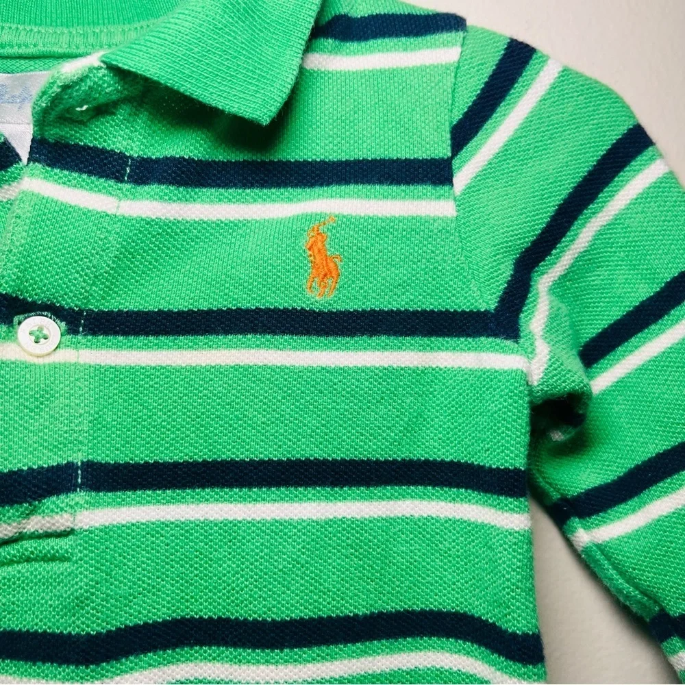 Ralph Lauren Striped Green and White one-piece collared Footie outfit